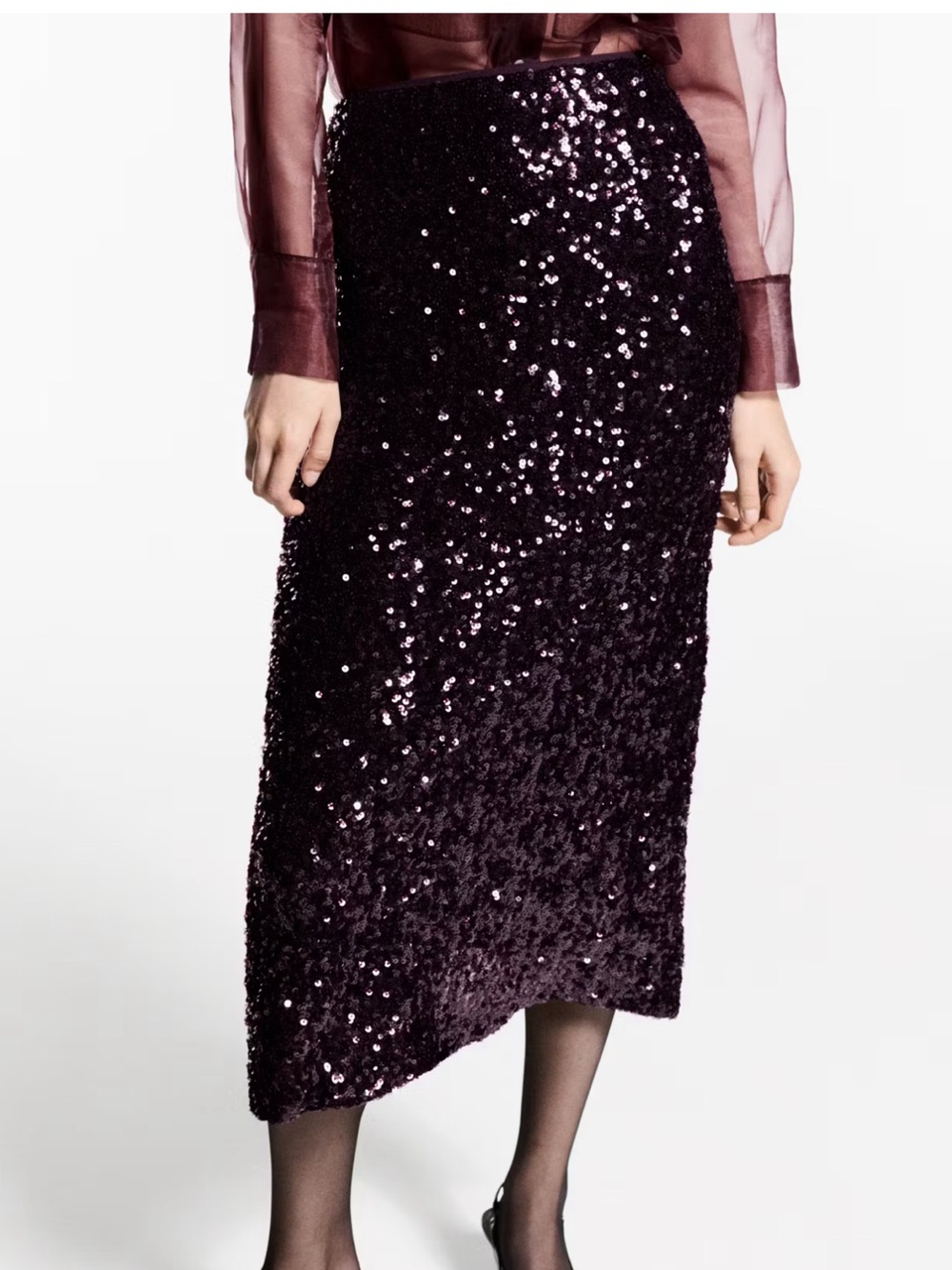 Mango Plum Purple Sequin Midi Skirt